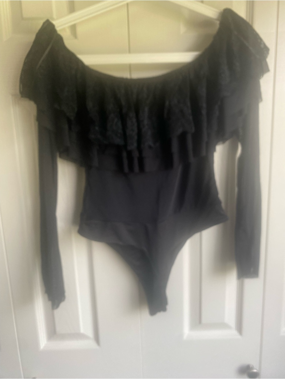NEW AFRM Saylor long sleeve off the shoulder ruffle bodysuit in black - Picture 11 of 13